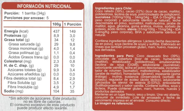 Barra de Coco - tabla nutricional e ingredientes
