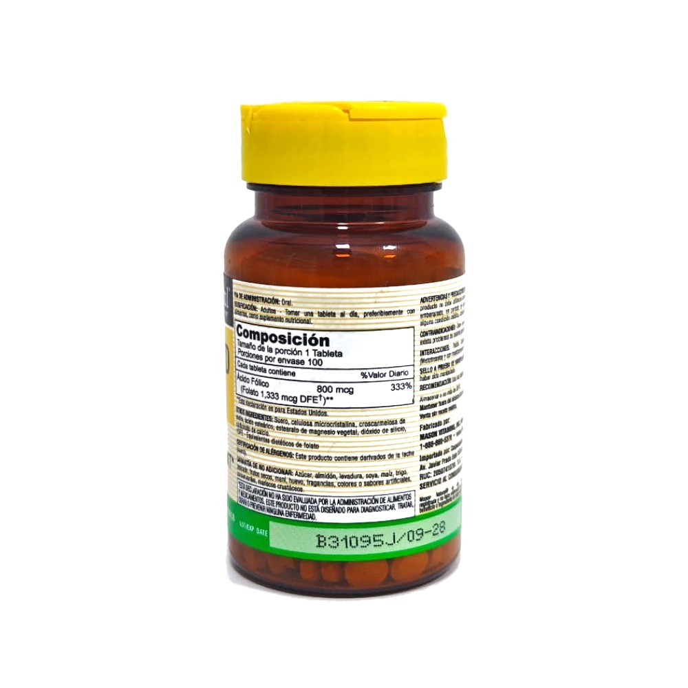 Ácido Fólico 800 mcg Mason Natural glucofarma